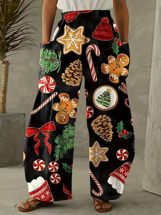 Plus Size Christmas Gingerbread Man Print Pants, Casual Elastic Waist Pants With Pockets, Women's Plus Size Clothing