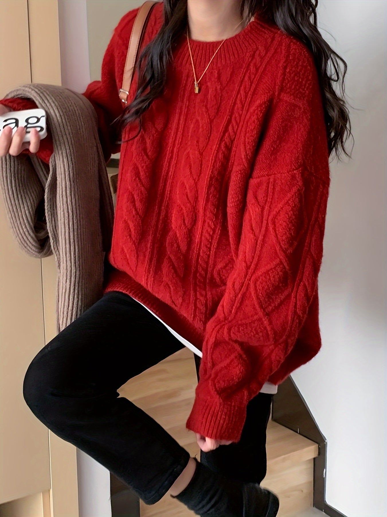 1pc Cozy Women'S Chunky Knit Sweater - Solid Red Crew Neck Pullover, Jersey Knit Fabric, All-Season Warmth, Thick Plush Yarn, Christmas New Year Fashion Top