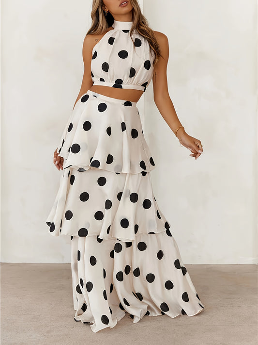 1 Set Elegant Polka Dot Halter Top and Tiered Skirt Set for Women - Polyester Sleeveless Crew Neck Dress with Zipper Detail, Woven Non-Stretch Fabric, Regular Fit All-Season Outfit