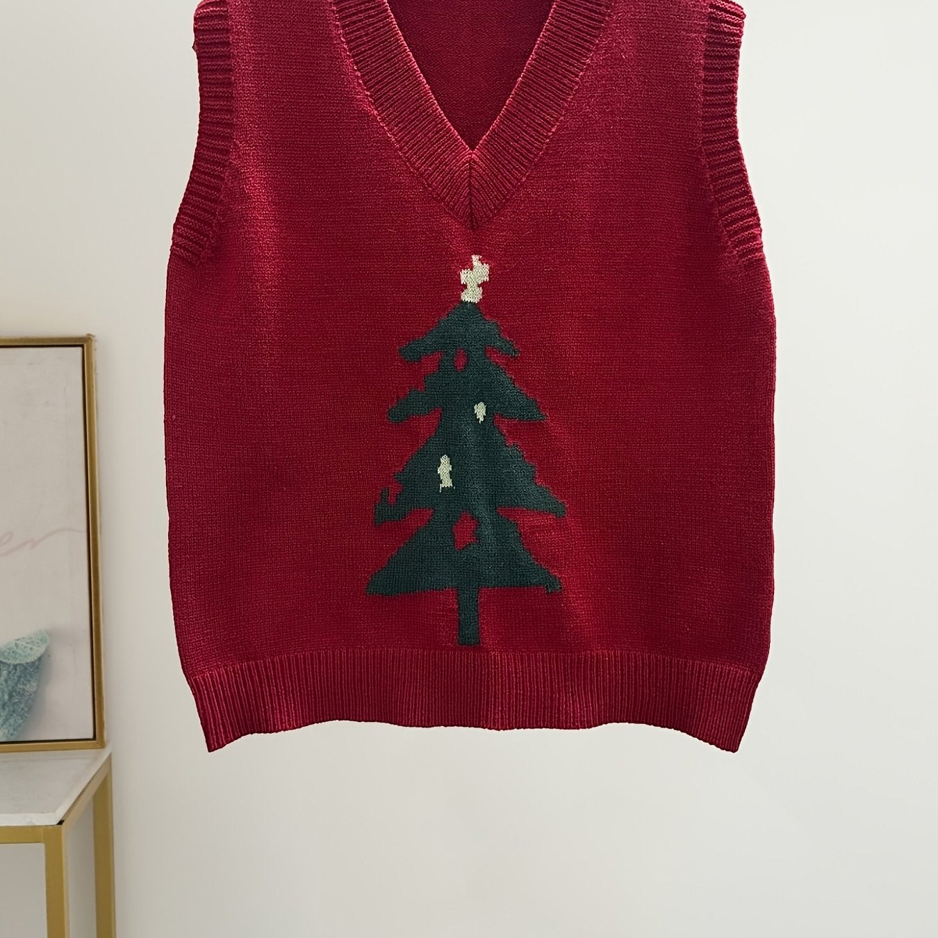 1pc Women'S Casual V-Neck Knit Vest with Embroidered Christmas Tree, All-Season Polyester Knit Fabric, Plant Pattern, Regular Length - Fashionable Pullover Knitwear