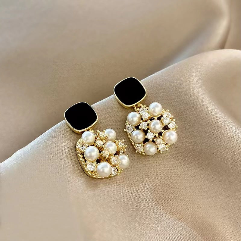 Square Faux Pearl Zirconia Stud Earrings Female Temperament Personality Ear Jewelry Accessories For Banquet Party Decor