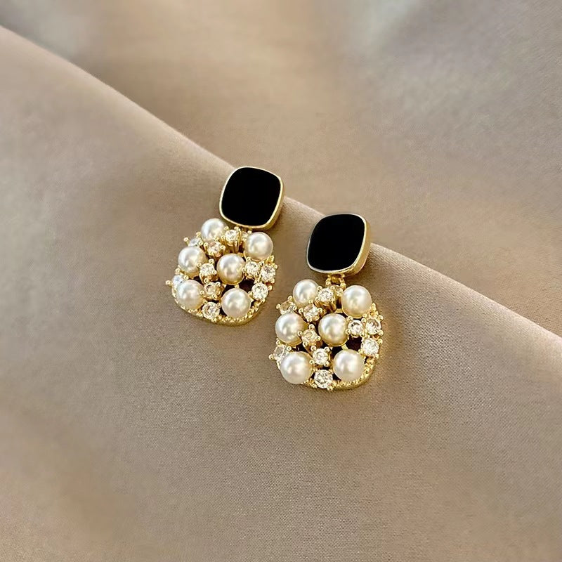 Square Faux Pearl Zirconia Stud Earrings Female Temperament Personality Ear Jewelry Accessories For Banquet Party Decor