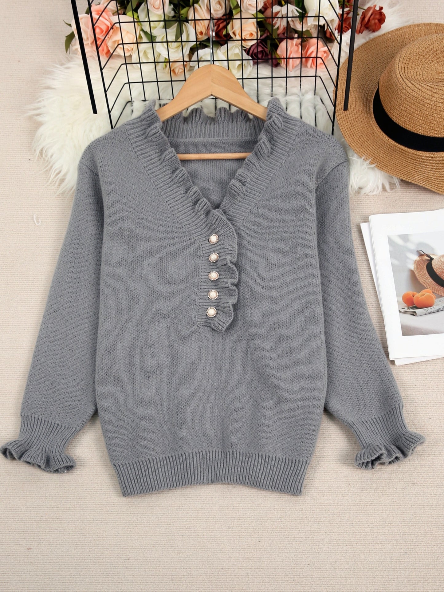 Plus Size Lettuce Trim Knitted Sweater, Elegant Button Long Sleeve Pullover Sweater For Fall & Winter, Women's Plus Size Clothing