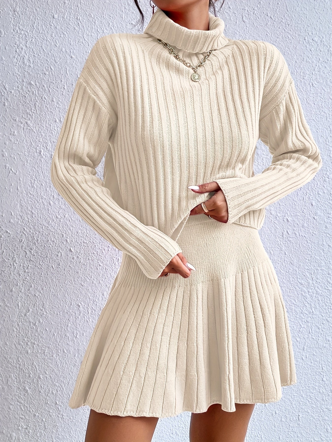 Elegant Fall/Winter Women's High-Neck, Off-the-Shoulder Sweater and Skirt Set in Pure Knit Fabric