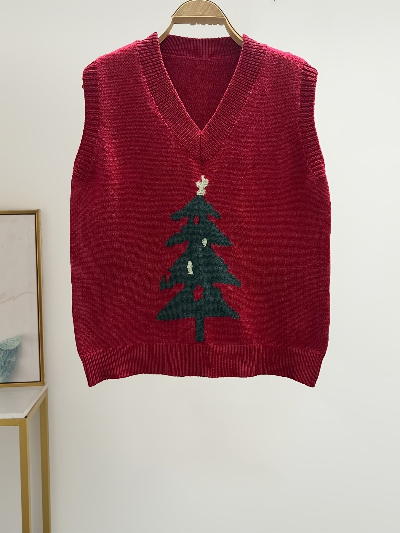 1pc Women'S Casual V-Neck Knit Vest with Embroidered Christmas Tree, All-Season Polyester Knit Fabric, Plant Pattern, Regular Length - Fashionable Pullover Knitwear