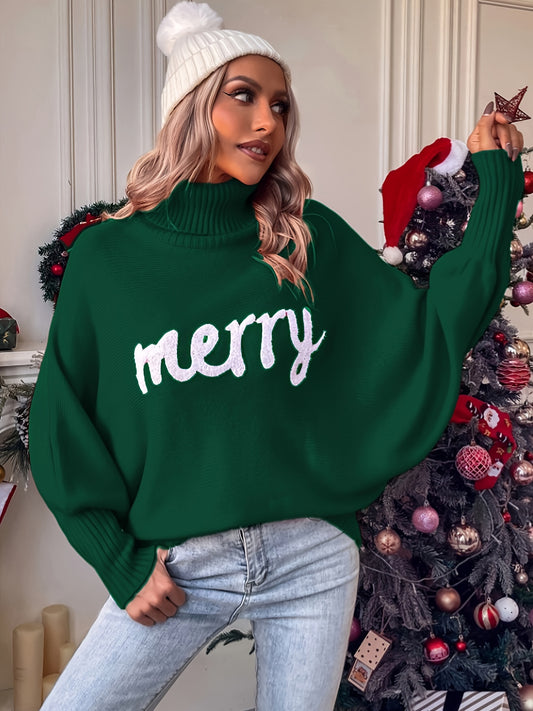 MERRY Texture Turtle Neck Sweater, Christmas Lantern Batwing Sleeve Drop Shoulder Sweater For Fall & Winter, Women's Clothing