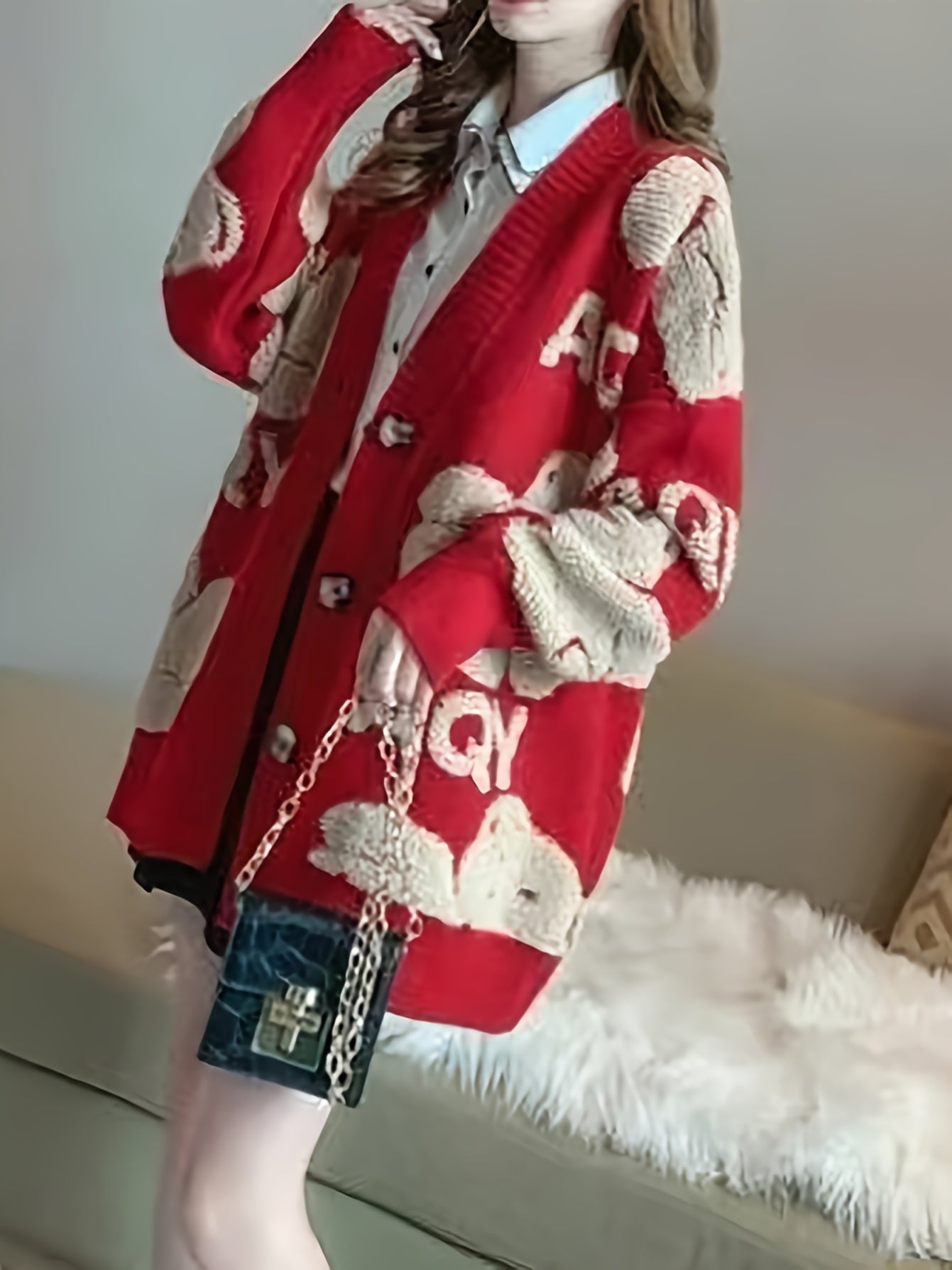 1pc Women'S Casual Red Christmas Cardigan Sweater - V-Neck Long Sleeve Knit Open Front Cardigan with Button Detail, Polyester, H-Line Silhouette for Daily and Vacation Wear