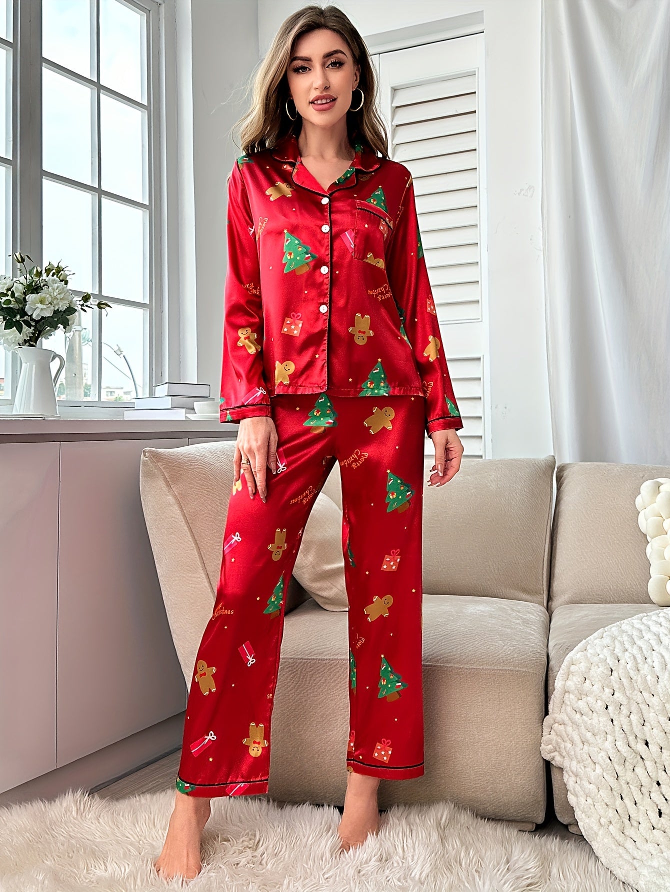 Elegant Christmas Tree Print Clothing Set for Women - Long Sleeve Button-Up Top & Elastic Waist Pants, Soft Satin Blend, Machine Washable