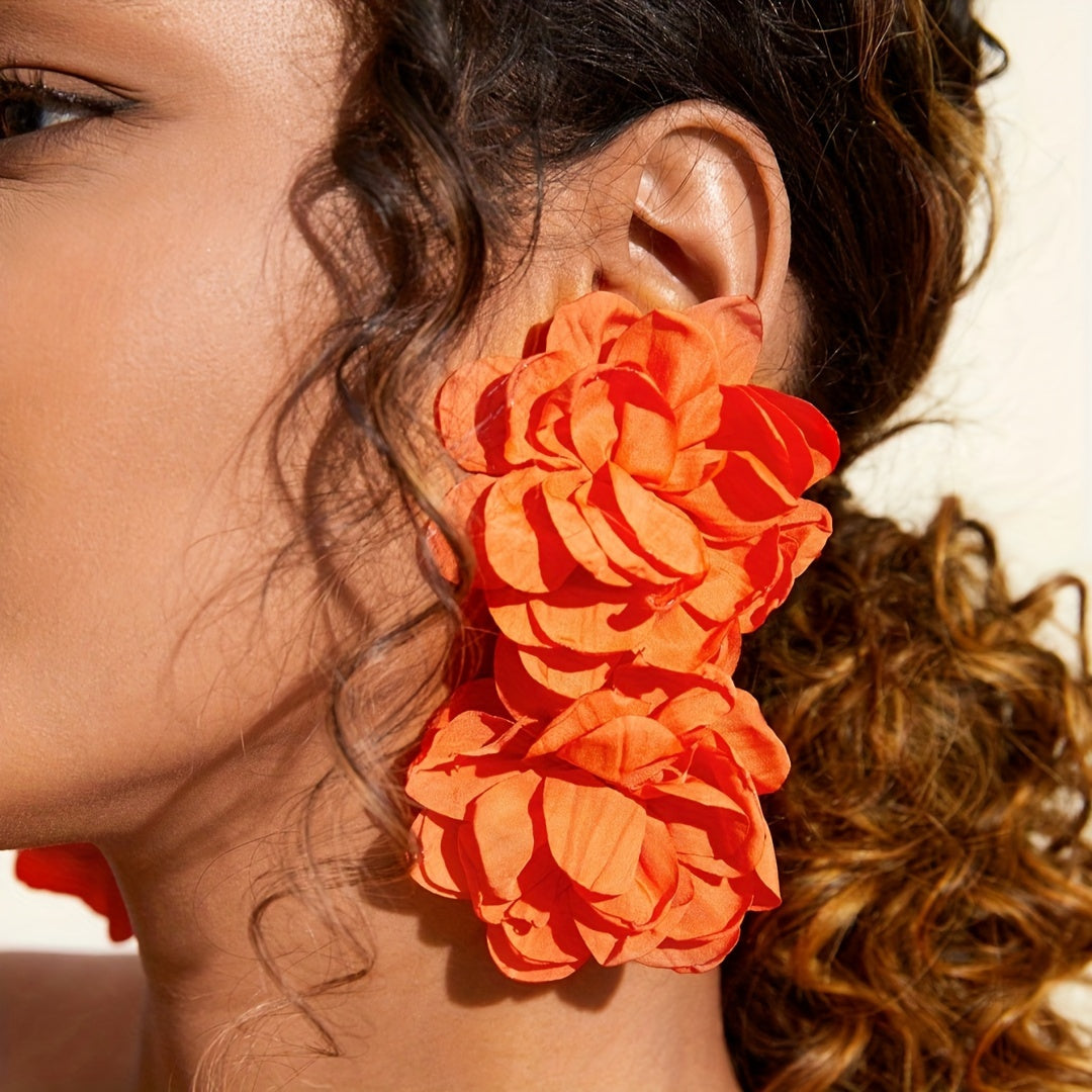 Exaggerated Double Paper Flower Design Dangle Earrings Bohemian Sexy Style Suitable For Women Summer Beach Party