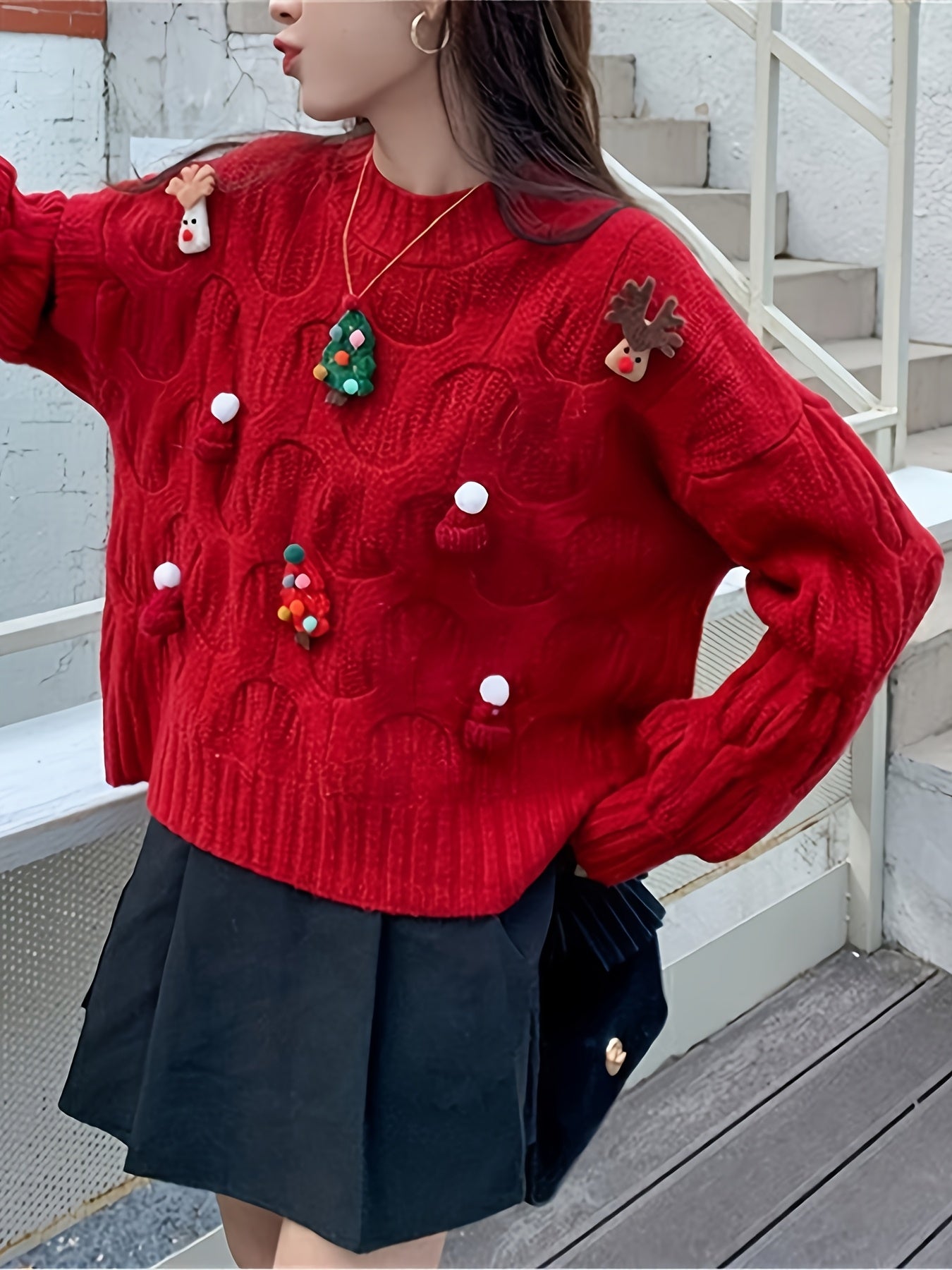 1pc Festive Christmas Red Knit Sweater for Women, Casual Loose-Fit Long Sleeve Top with Ornament Accents, Round Neck, All-Season Knitted Pullover