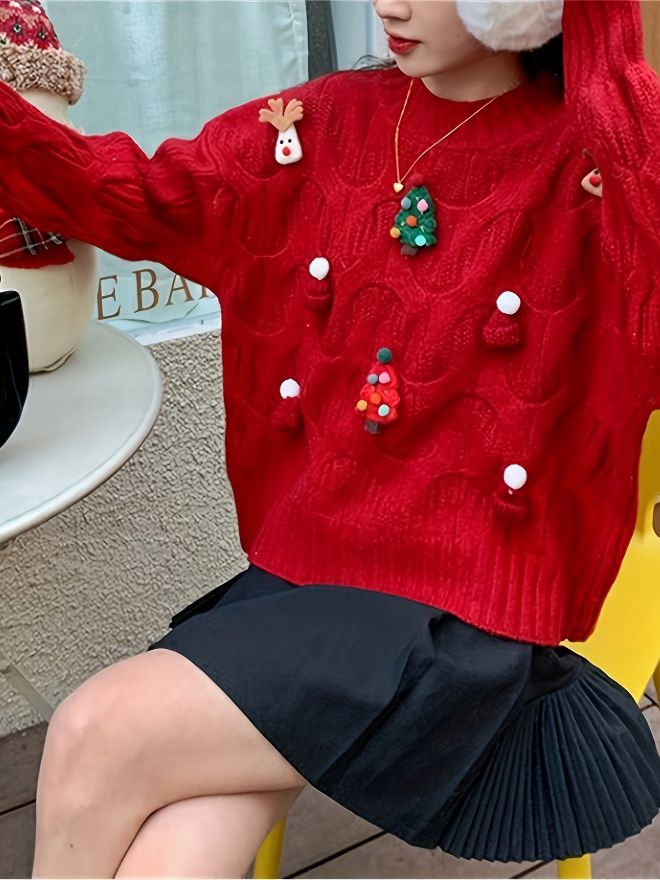 1pc Festive Christmas Red Knit Sweater for Women, Casual Loose-Fit Long Sleeve Top with Ornament Accents, Round Neck, All-Season Knitted Pullover