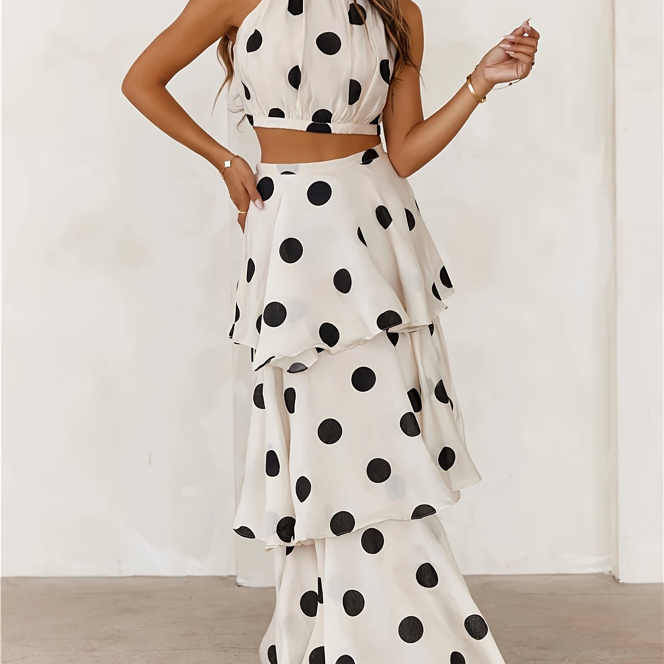 1 Set Elegant Polka Dot Halter Top and Tiered Skirt Set for Women - Polyester Sleeveless Crew Neck Dress with Zipper Detail, Woven Non-Stretch Fabric, Regular Fit All-Season Outfit