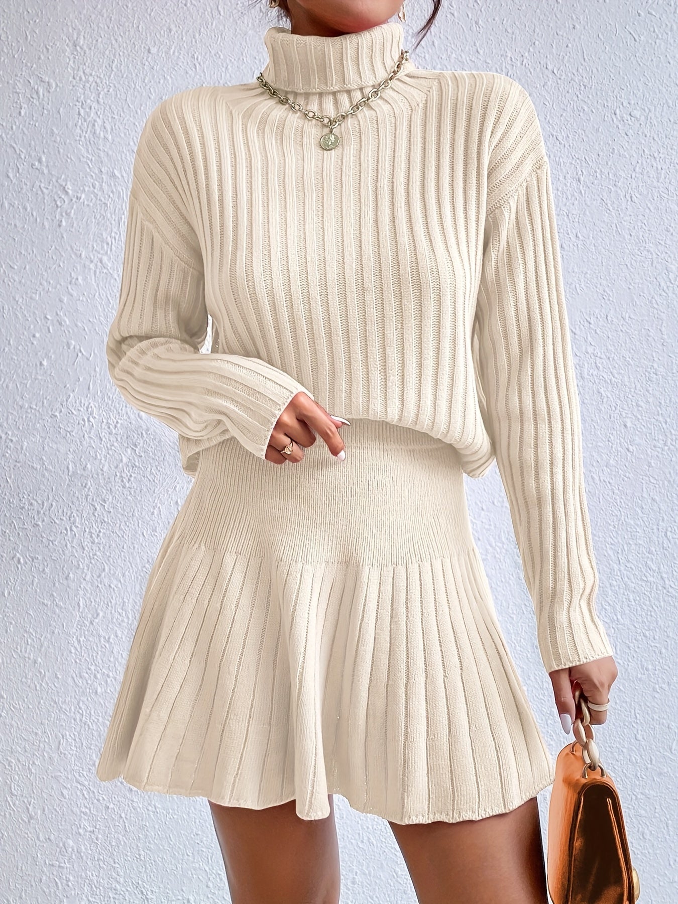 Elegant Fall/Winter Women's High-Neck, Off-the-Shoulder Sweater and Skirt Set in Pure Knit Fabric