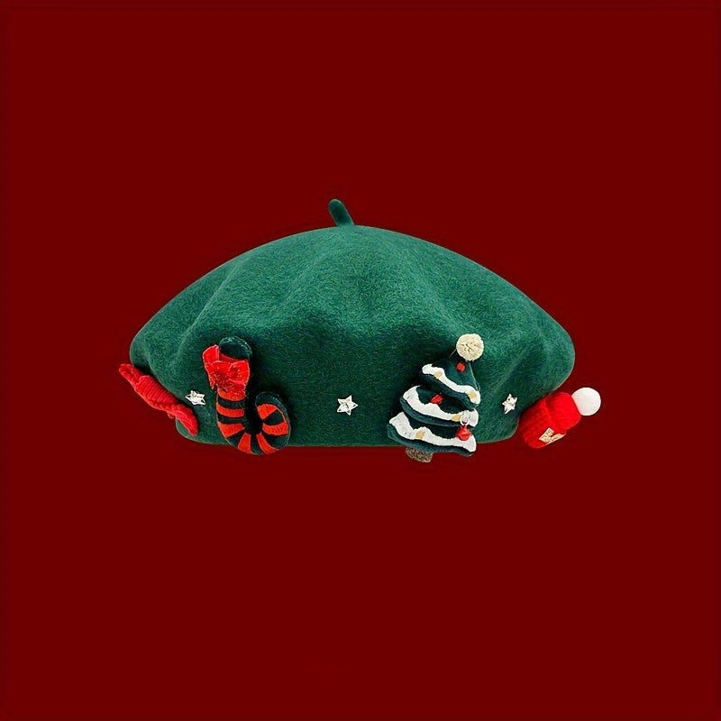 Christmas-Themed Women's Knitted Beret Hat – Polyester, Breathable, Perfect for Halloween, Thanksgiving, Christmas, and Special Occasions