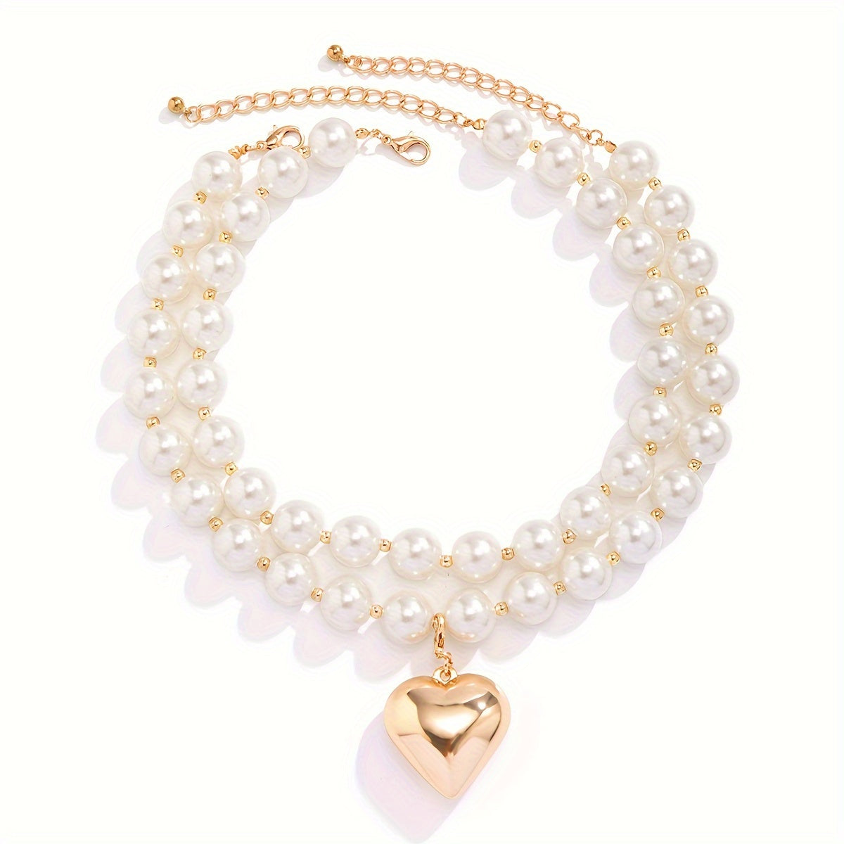 2 Pieces/ Set Metal Glossy Heart Pendant Full Faux Pearl Decor Necklace Simple Elegant Style Holiday Accessories