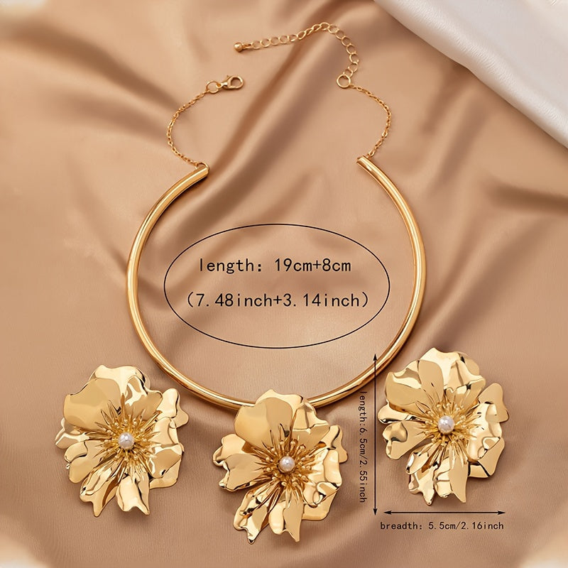 Exaggerated Golden Flower Design Dangle Earrings & Collar Elegant Luxury Style Iron Jewelry Delicate Holiday Jewelry Set