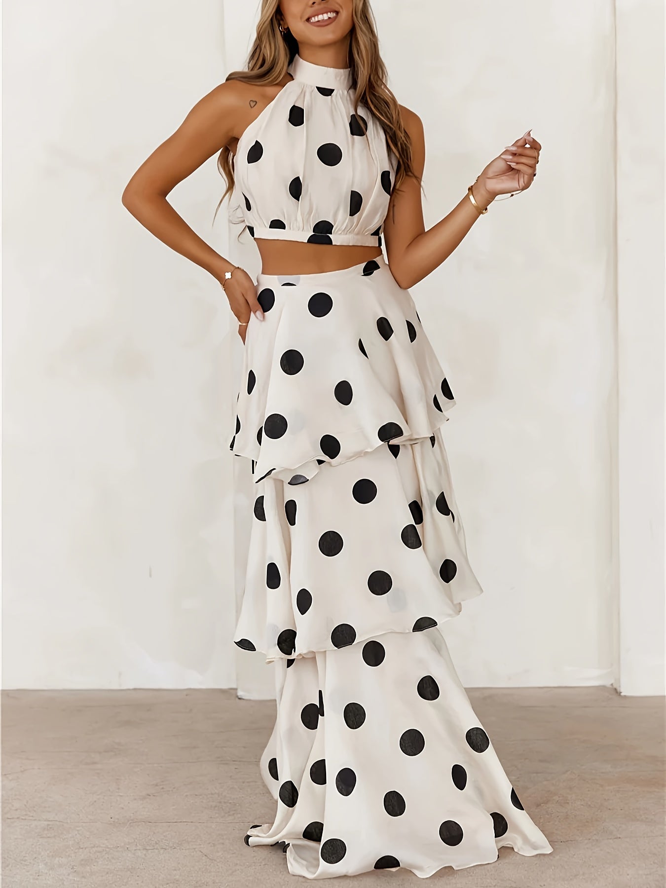 1 Set Elegant Polka Dot Halter Top and Tiered Skirt Set for Women - Polyester Sleeveless Crew Neck Dress with Zipper Detail, Woven Non-Stretch Fabric, Regular Fit All-Season Outfit