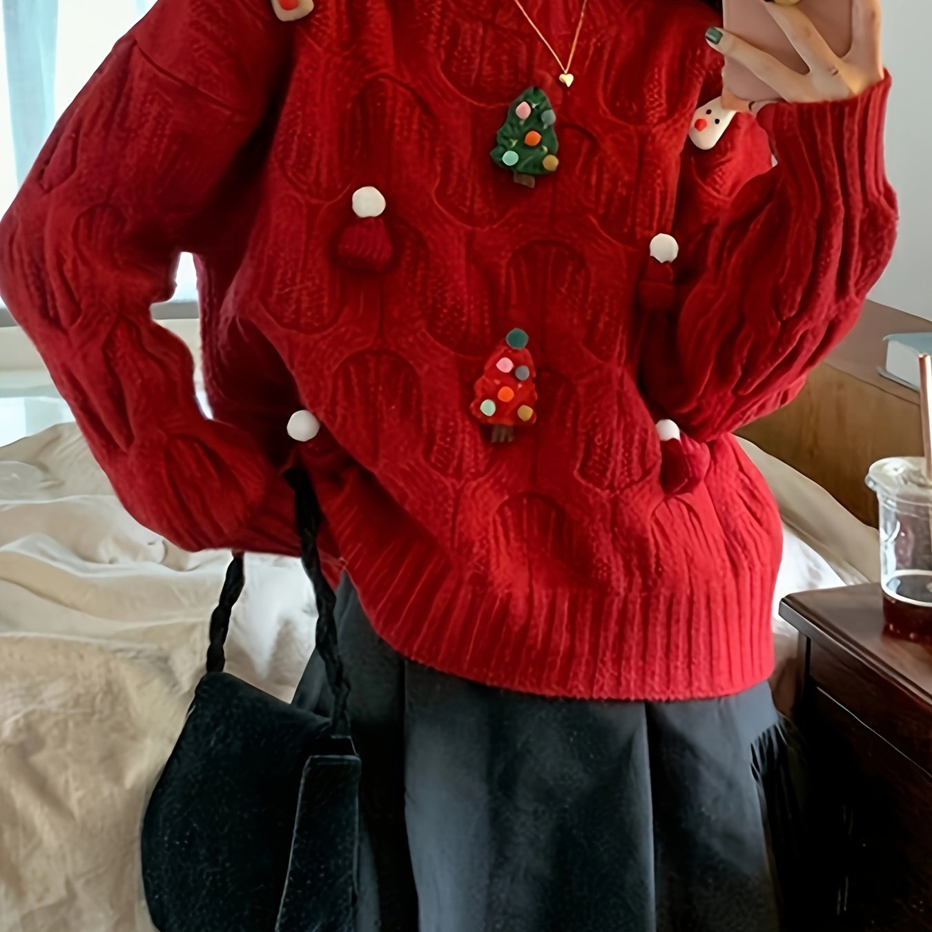 1pc Festive Christmas Red Knit Sweater for Women, Casual Loose-Fit Long Sleeve Top with Ornament Accents, Round Neck, All-Season Knitted Pullover