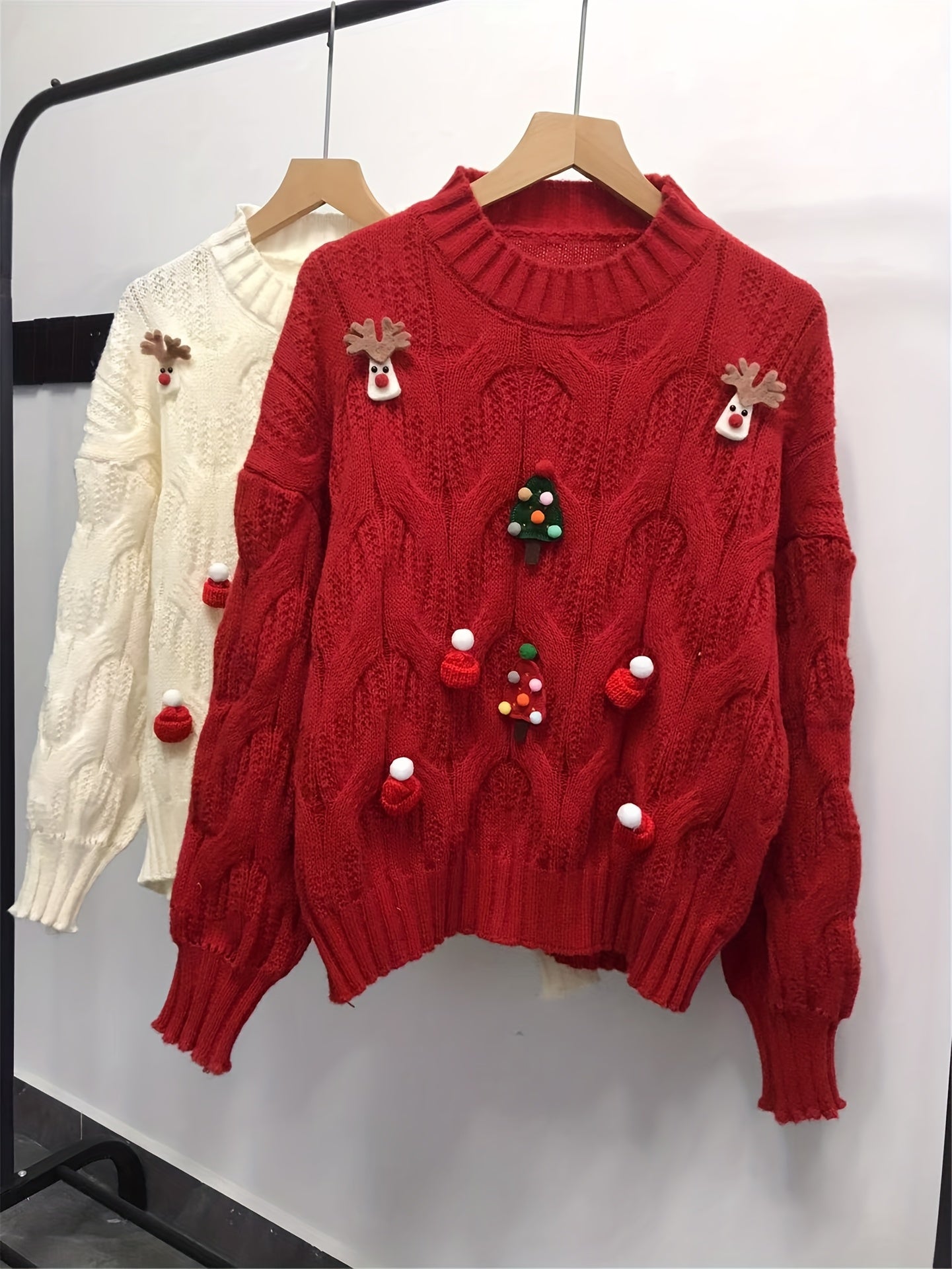 1pc Festive Christmas Red Knit Sweater for Women, Casual Loose-Fit Long Sleeve Top with Ornament Accents, Round Neck, All-Season Knitted Pullover