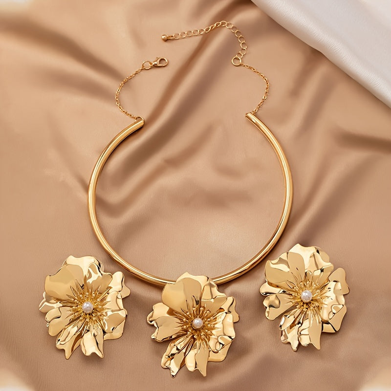 Exaggerated Golden Flower Design Dangle Earrings & Collar Elegant Luxury Style Iron Jewelry Delicate Holiday Jewelry Set