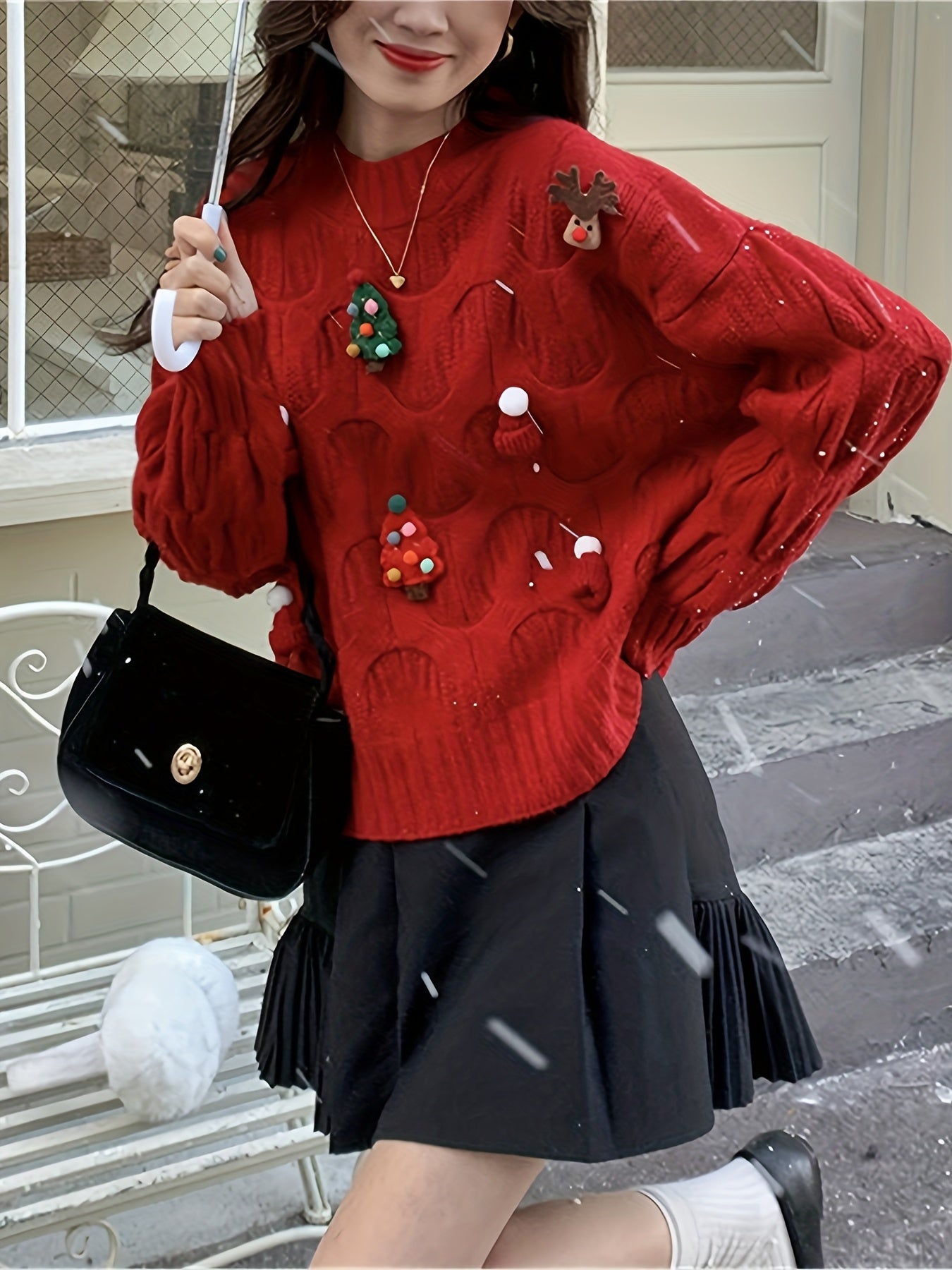 1pc Festive Christmas Red Knit Sweater for Women, Casual Loose-Fit Long Sleeve Top with Ornament Accents, Round Neck, All-Season Knitted Pullover