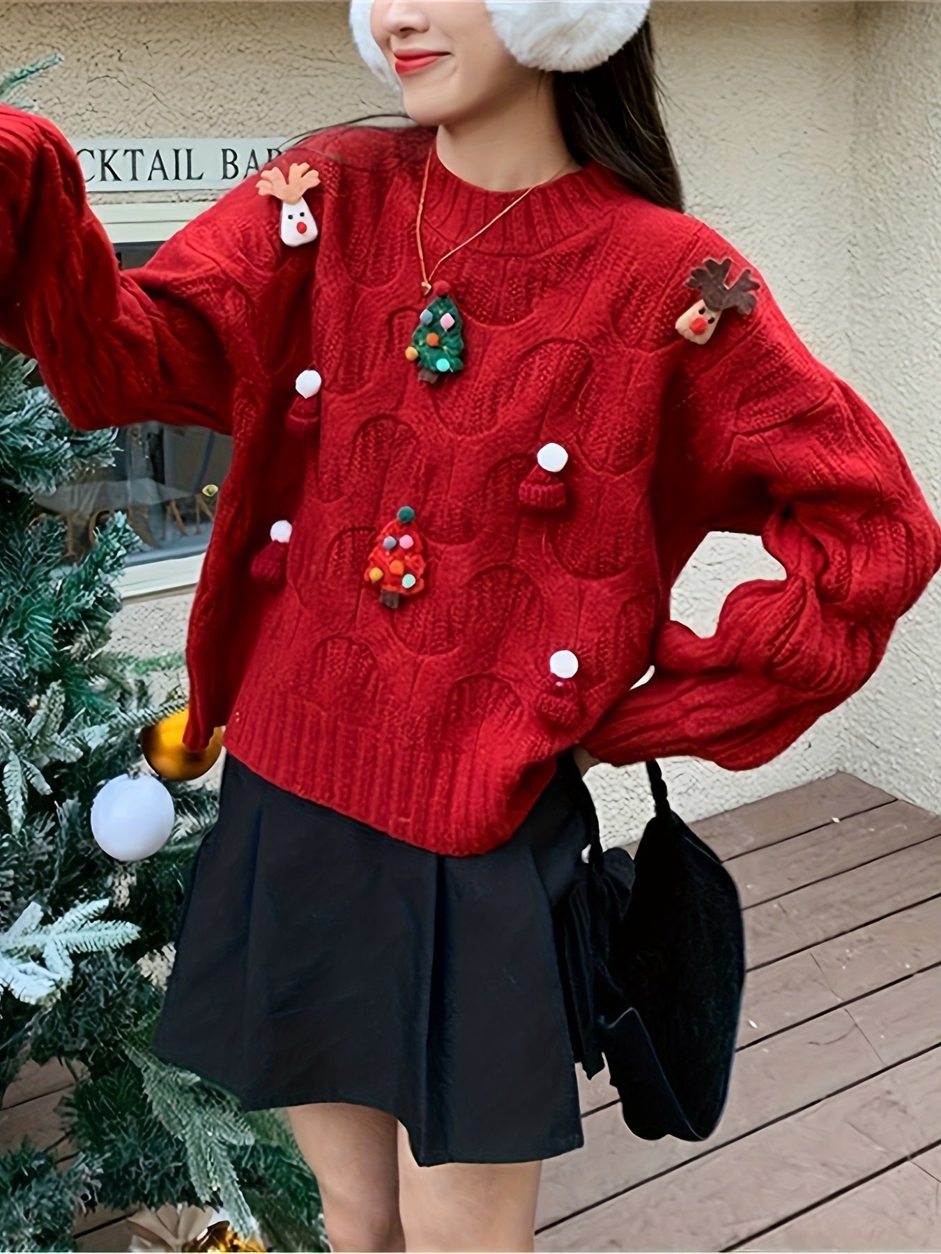 1pc Festive Christmas Red Knit Sweater for Women, Casual Loose-Fit Long Sleeve Top with Ornament Accents, Round Neck, All-Season Knitted Pullover