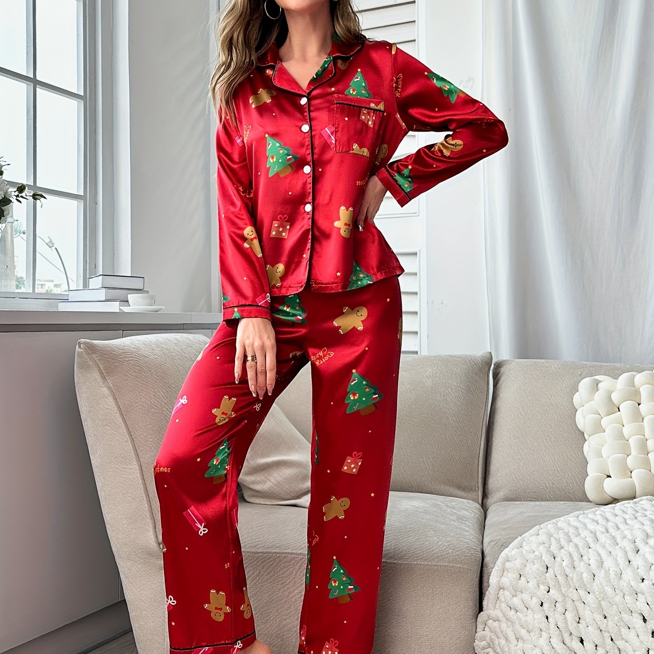 Elegant Christmas Tree Print Clothing Set for Women - Long Sleeve Button-Up Top & Elastic Waist Pants, Soft Satin Blend, Machine Washable