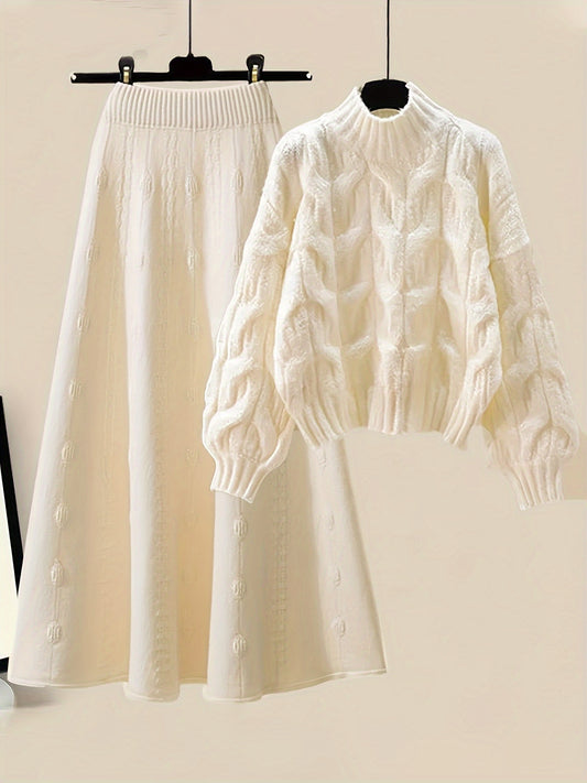 [Fast Arrival] Elegant Knit Sweater & Skirt Set for Women - Casual High Neck, Long Sleeve, Solid Color, Machine Washable