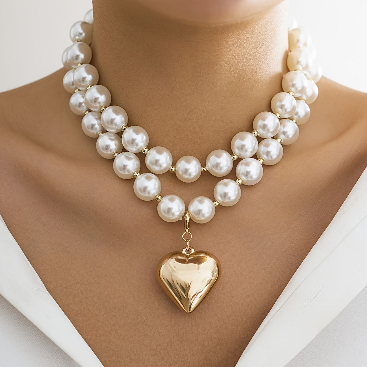 2 Pieces/ Set Metal Glossy Heart Pendant Full Faux Pearl Decor Necklace Simple Elegant Style Holiday Accessories