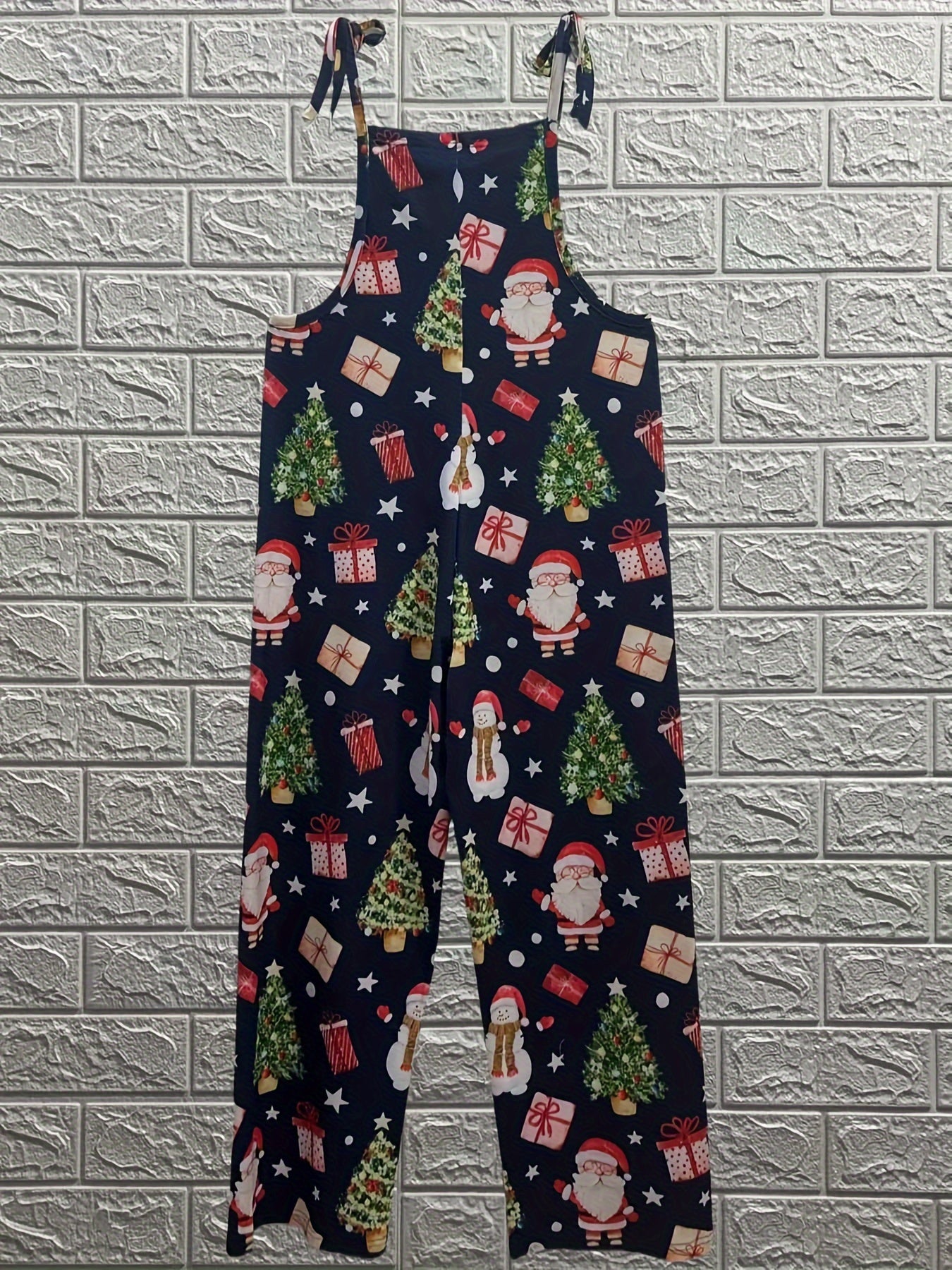 Christmas Print Tie Shoulder Jumpsuit, Vacation Style Sleeveless Loose Overall Jumpsuit For Spring & Summer, Women's Clothing