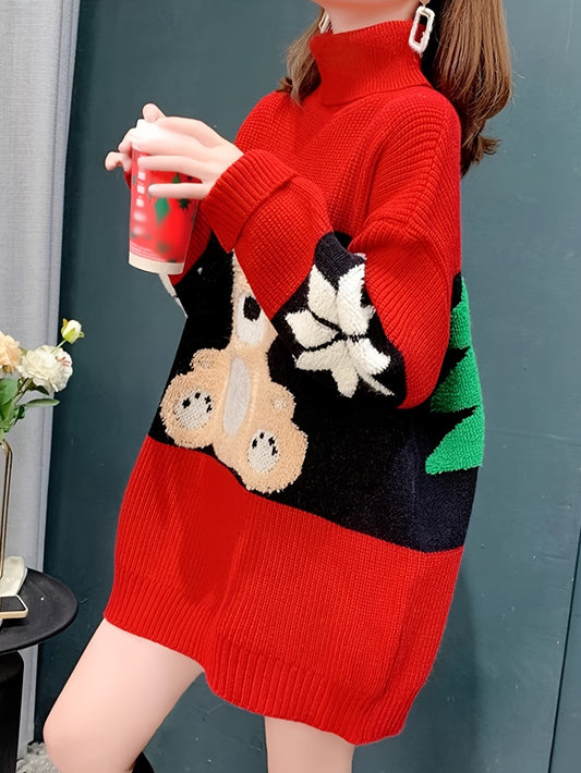 Women's Korean and Japanese Fashion Bear Christmas Tree Print Versatile Knitted Long Sleeve High Collar Sweater