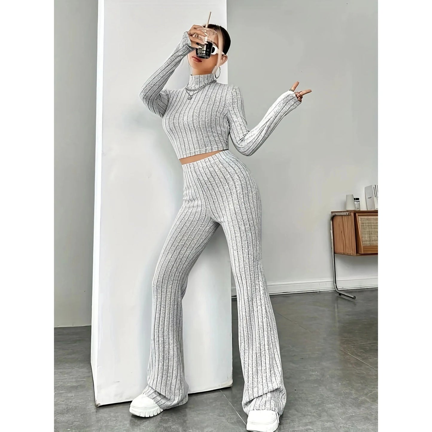 Women's Spring New Knitted Long Sleeved Set Knitted Round Neck High Neck Slim Fit Set High Waist Long Sleeved Long Pants Set