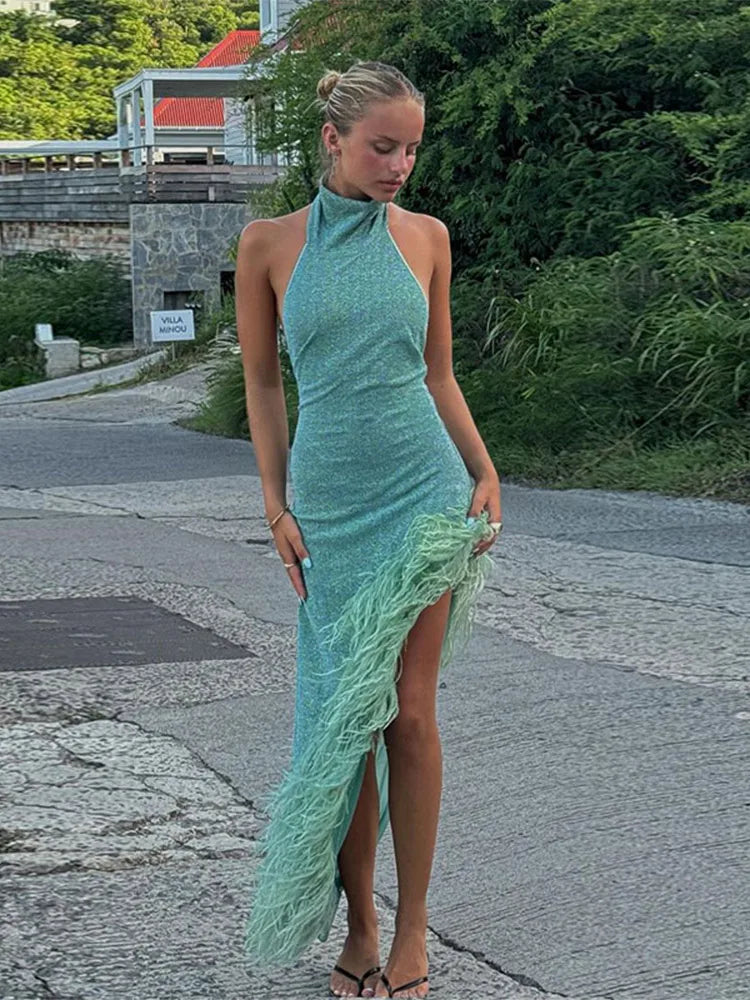 Sexy Backless Irregular Feather Hem Long Dress Women Fashion Sleeveless Bodycon Halter Dresses 2024 New Evening Party Robes