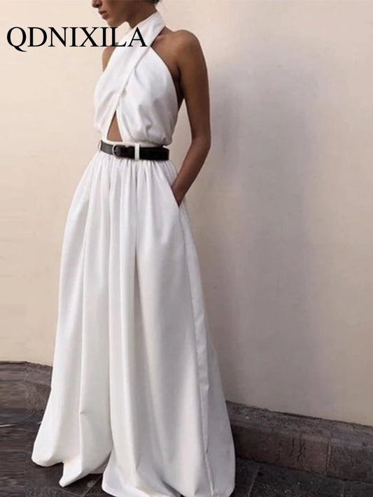 2024 Summer Halter Wide Leg Sexy Bodycon Jumpsuit Women Overalls Backless White Skinny Rompers Womens Jumpsuit Female Long Pants