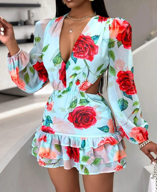 New Fashion 2024 Summer Casual Sexy Dresses for Women Elegant Floral Print Ruffles Layered Dress Female Clothing Outfits