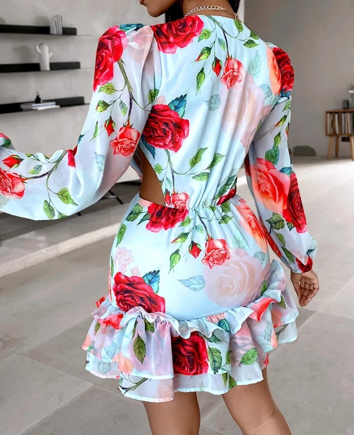 New Fashion 2024 Summer Casual Sexy Dresses for Women Elegant Floral Print Ruffles Layered Dress Female Clothing Outfits