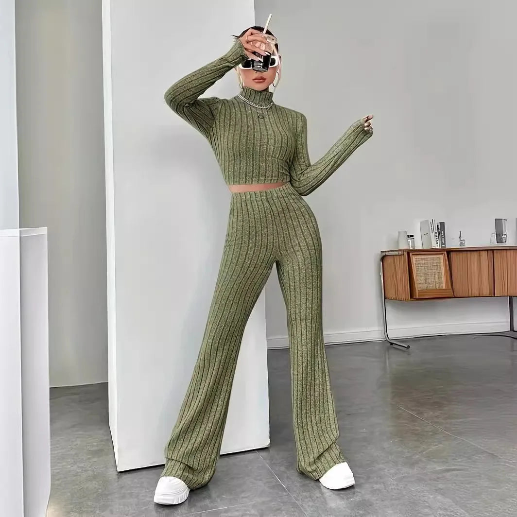 Women's Spring New Knitted Long Sleeved Set Knitted Round Neck High Neck Slim Fit Set High Waist Long Sleeved Long Pants Set