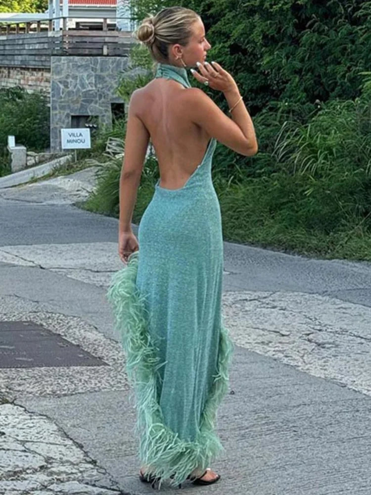 Sexy Backless Irregular Feather Hem Long Dress Women Fashion Sleeveless Bodycon Halter Dresses 2024 New Evening Party Robes