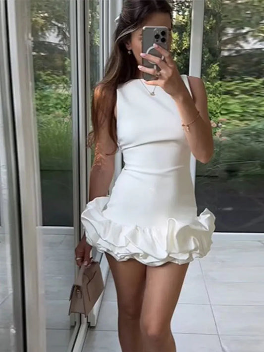 Sexy White Pleated Ruffles Mini Dresses Women Chic Round Neck Sleeveless Slim Fit Short Dress 2024 New Lady Club Party Vestidos