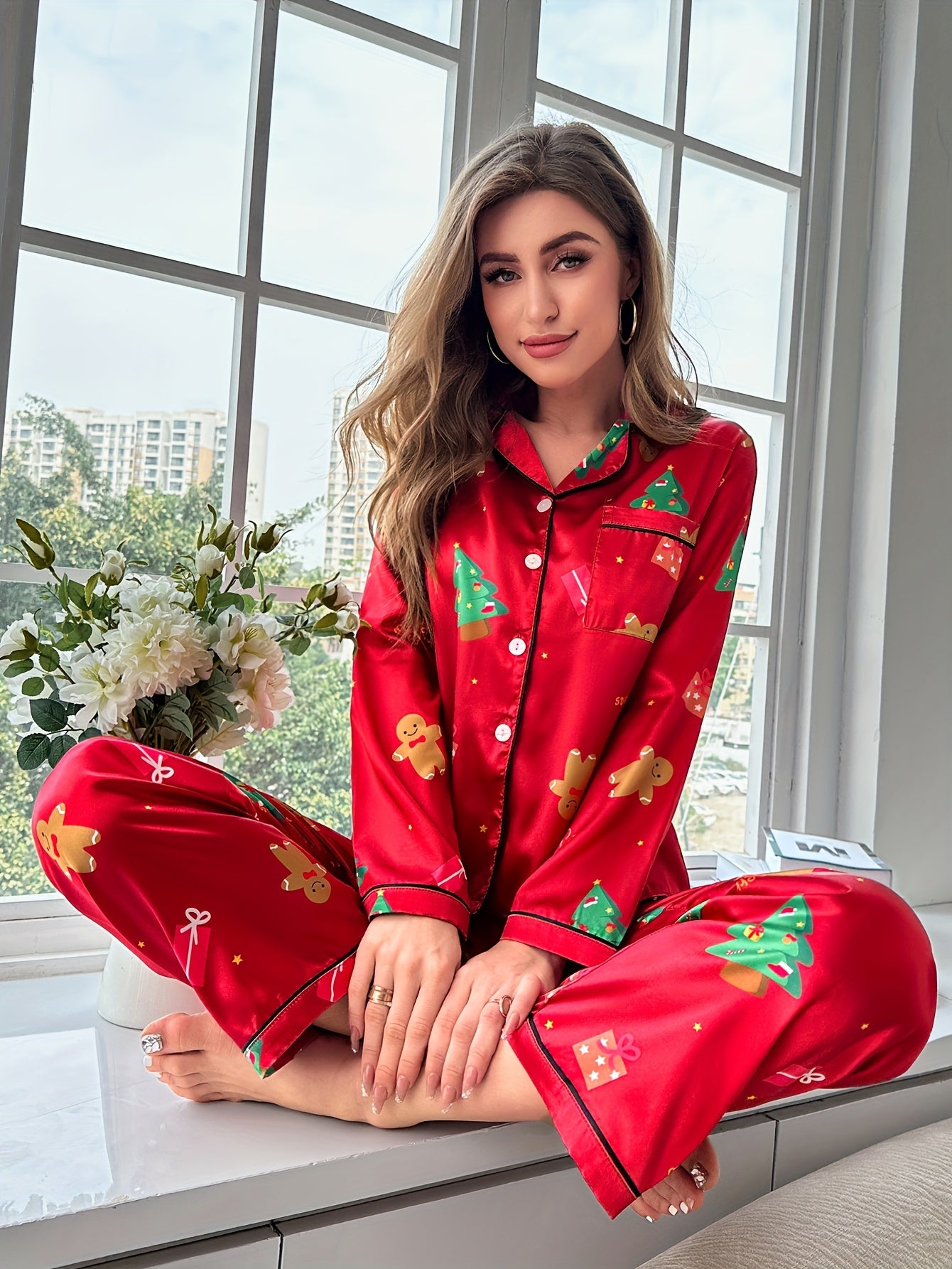 Elegant Christmas Tree Print Clothing Set for Women - Long Sleeve Button-Up Top & Elastic Waist Pants, Soft Satin Blend, Machine Washable