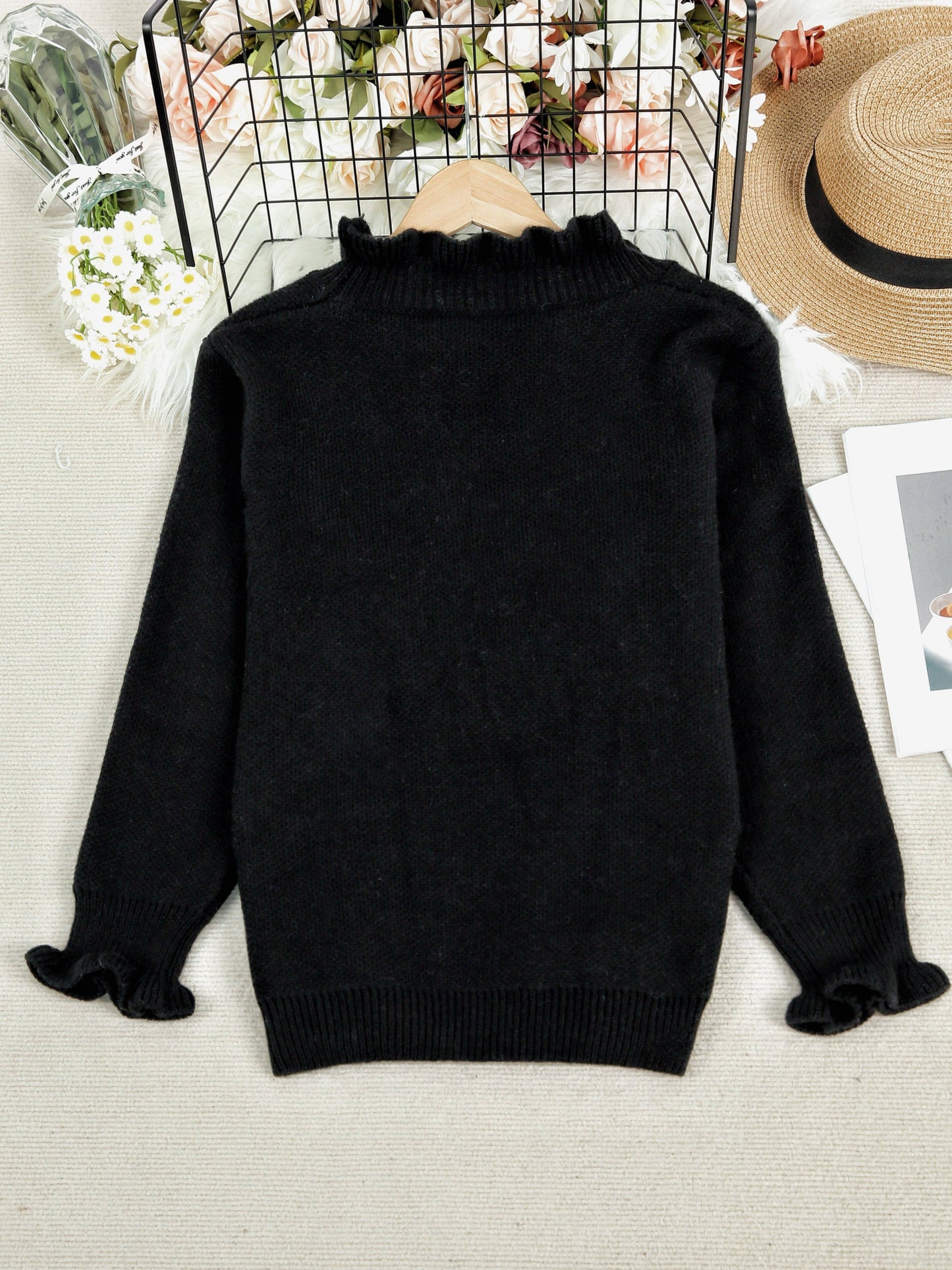 Plus Size Lettuce Trim Knitted Sweater, Elegant Button Long Sleeve Pullover Sweater For Fall & Winter, Women's Plus Size Clothing