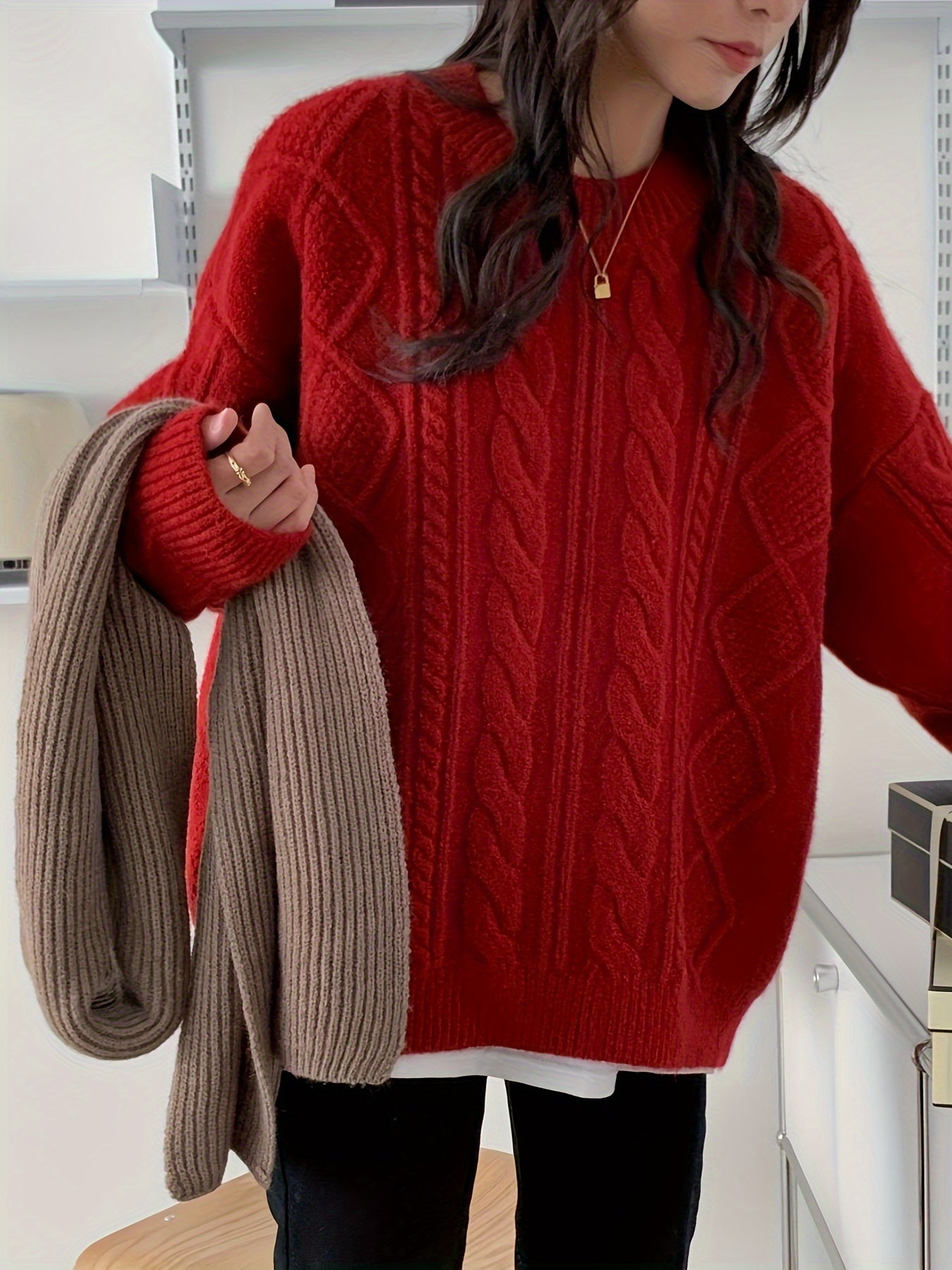 1pc Cozy Women'S Chunky Knit Sweater - Solid Red Crew Neck Pullover, Jersey Knit Fabric, All-Season Warmth, Thick Plush Yarn, Christmas New Year Fashion Top