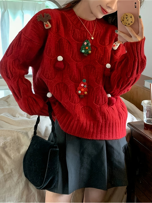 1pc Festive Christmas Red Knit Sweater for Women, Casual Loose-Fit Long Sleeve Top with Ornament Accents, Round Neck, All-Season Knitted Pullover