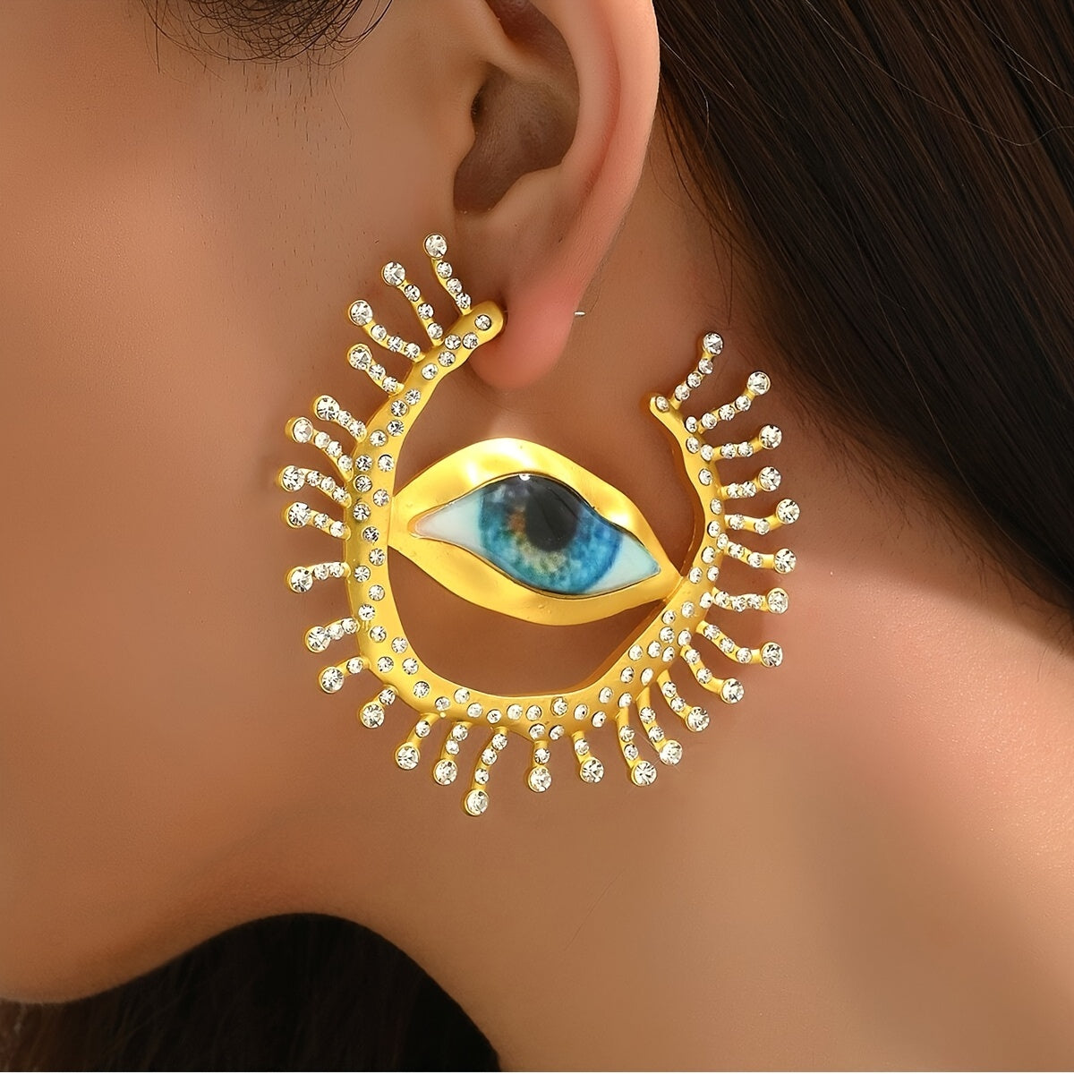 1 Pair Metallic Rhinestone Exaggerated Eye Shaped Dangle Earrings, Punk Cool Style Statement Earrings, Suitable For Party Vacation Daily Wearing Jewelry