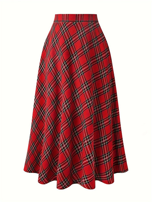 Elegant Women's Christmas Plaid A-Line Midi Skirt - Polyester, Machine Washable, Non-Sheer for Fall/Winter