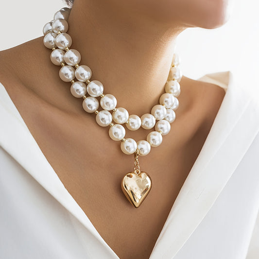 2 Pieces/ Set Metal Glossy Heart Pendant Full Faux Pearl Decor Necklace Simple Elegant Style Holiday Accessories