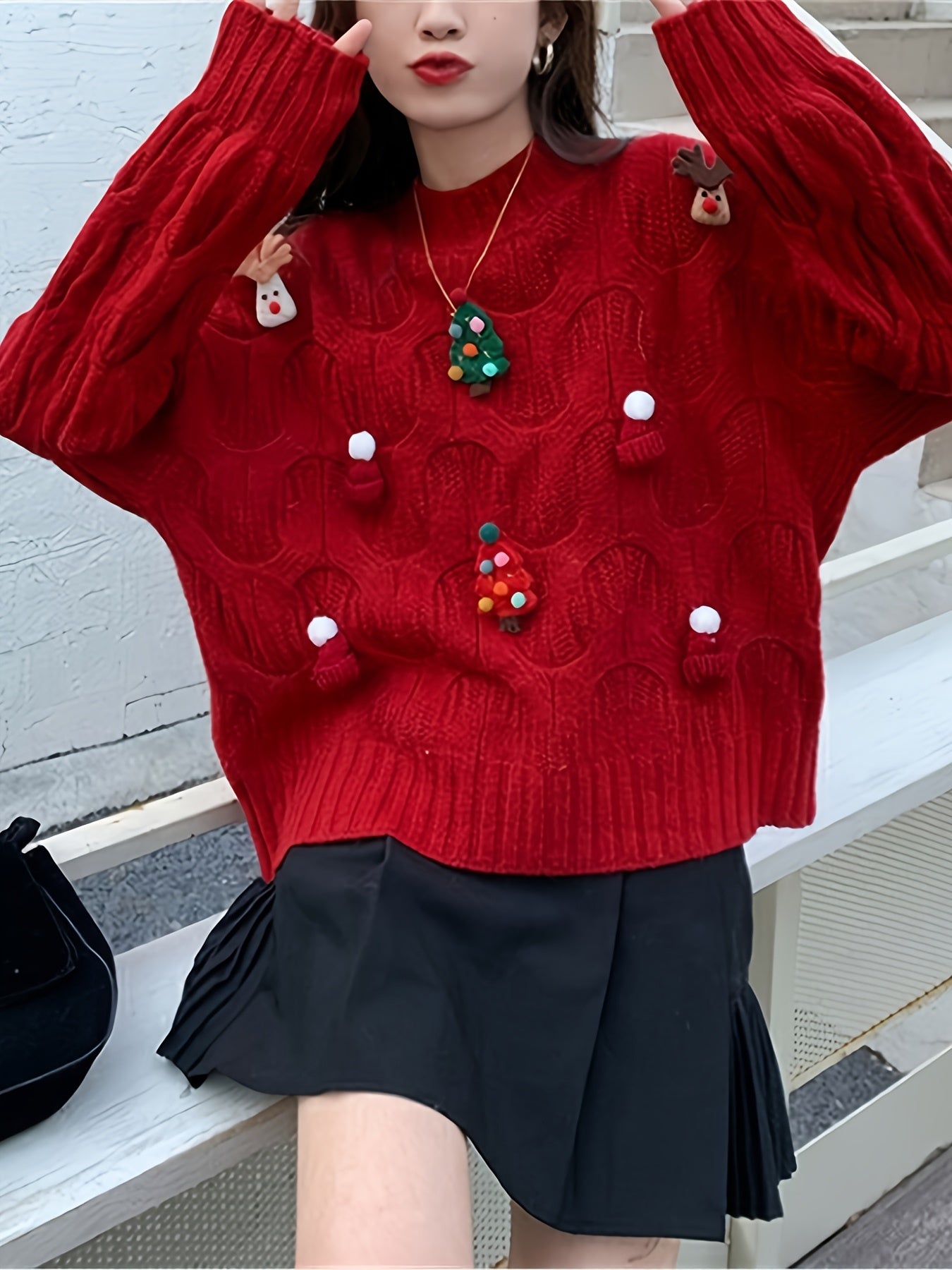 1pc Festive Christmas Red Knit Sweater for Women, Casual Loose-Fit Long Sleeve Top with Ornament Accents, Round Neck, All-Season Knitted Pullover