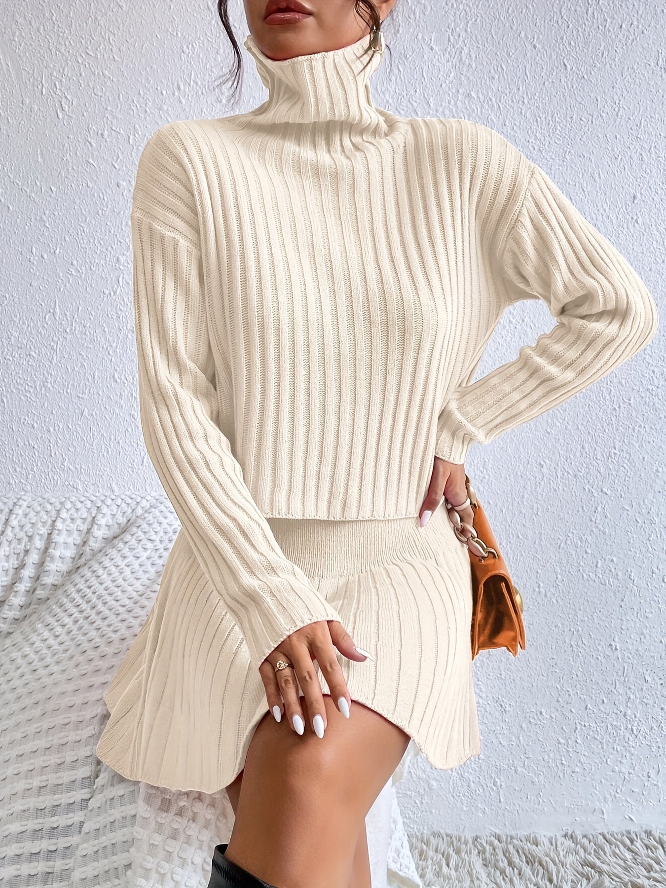 Elegant Fall/Winter Women's High-Neck, Off-the-Shoulder Sweater and Skirt Set in Pure Knit Fabric