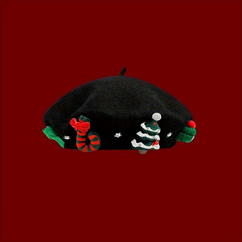 Christmas-Themed Women's Knitted Beret Hat – Polyester, Breathable, Perfect for Halloween, Thanksgiving, Christmas, and Special Occasions