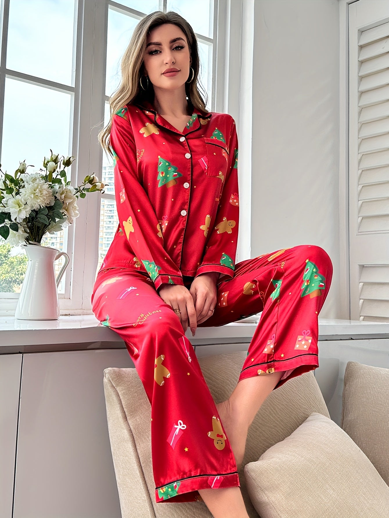 Elegant Christmas Tree Print Clothing Set for Women - Long Sleeve Button-Up Top & Elastic Waist Pants, Soft Satin Blend, Machine Washable